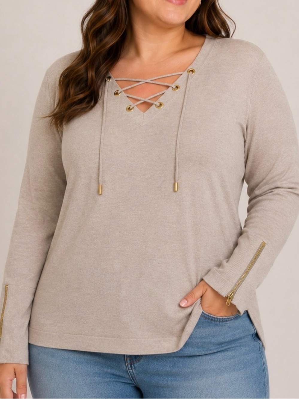 Calvin Klein Taupe Lace Up V-Neck Knit Top Gold Zipper Cuffs Lightweight SZ XL